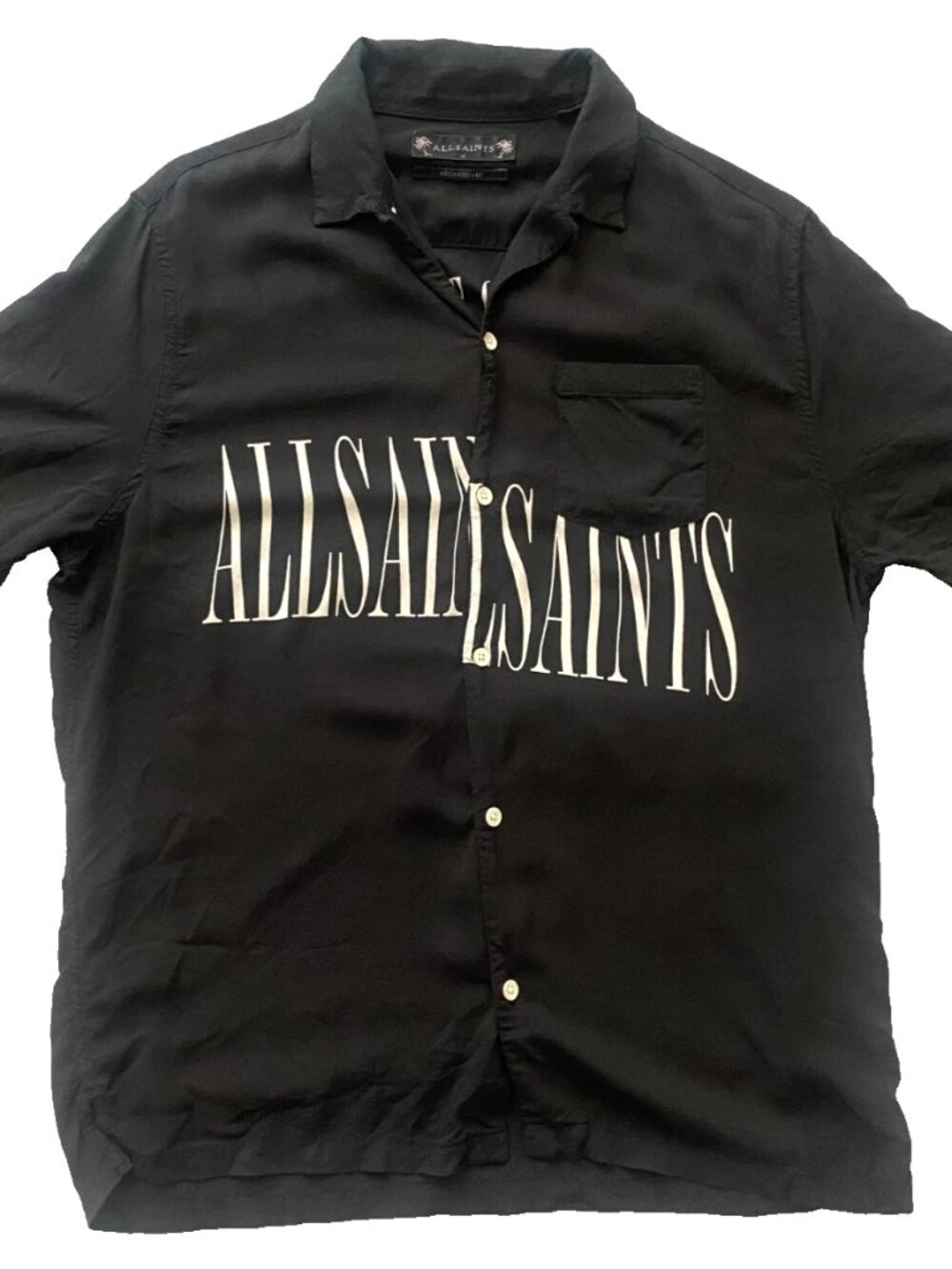 AllSaints Graphic Logo Relaxed Fit Short Sleeve Button Up Shirt